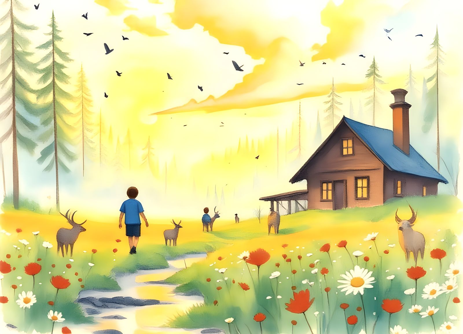 Hyperrealistic Meadow Scene at Sunset