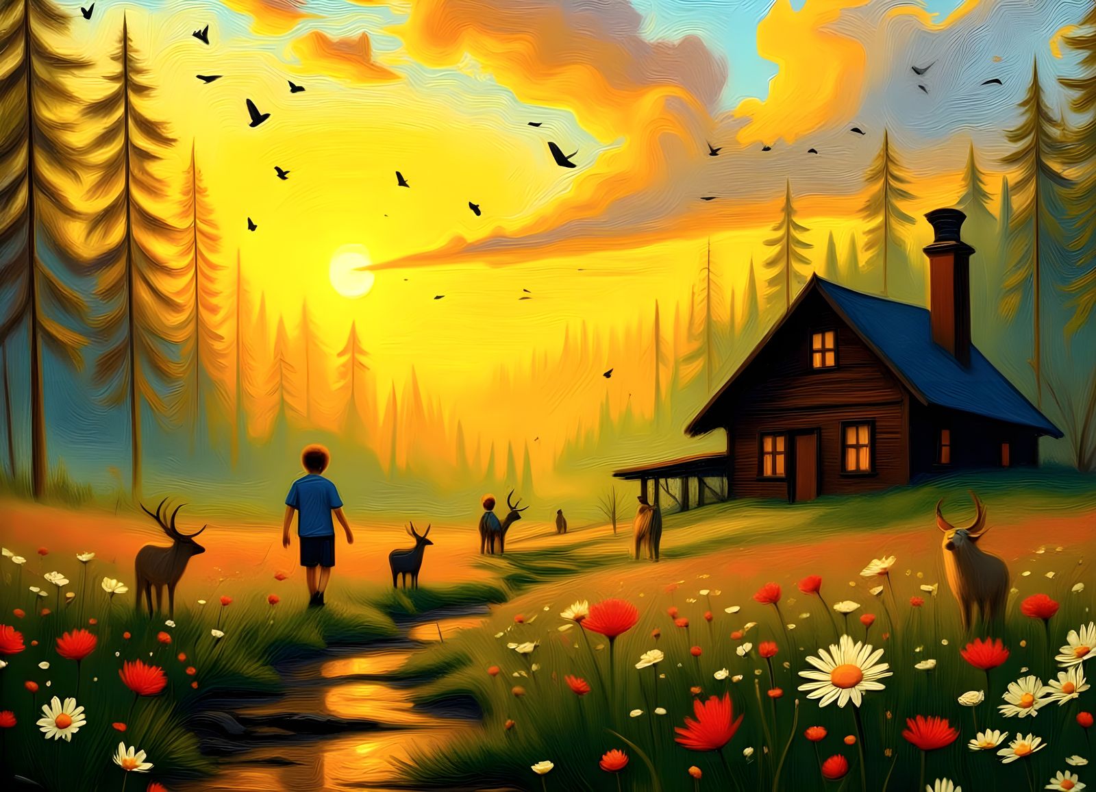 Hyperrealistic Meadow Scene with Cabin at Sunset