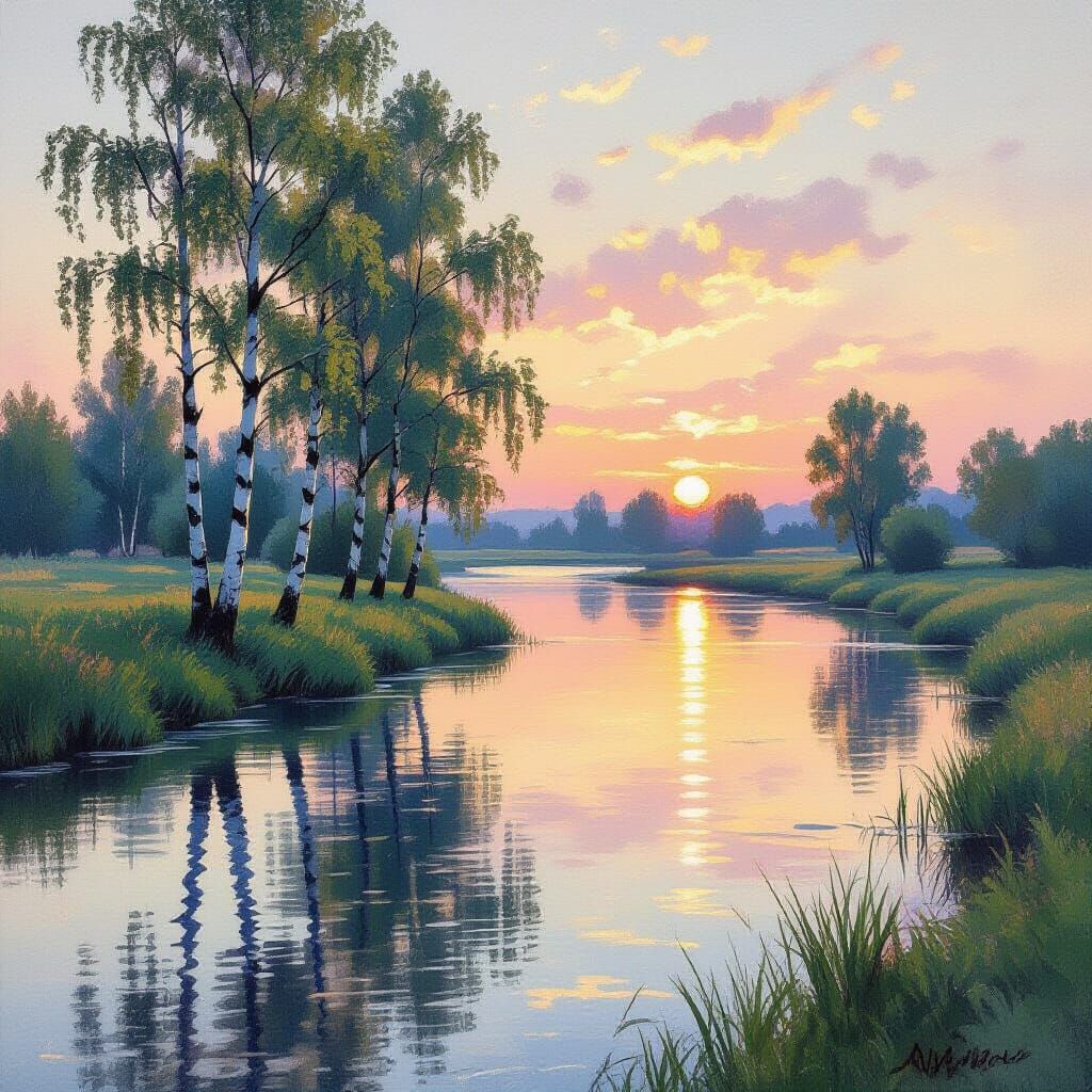 Twilight River: Birch Trees in Impressionist Style