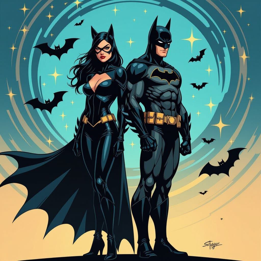 Batman and Catwoman in Neon Metallic Comic Style