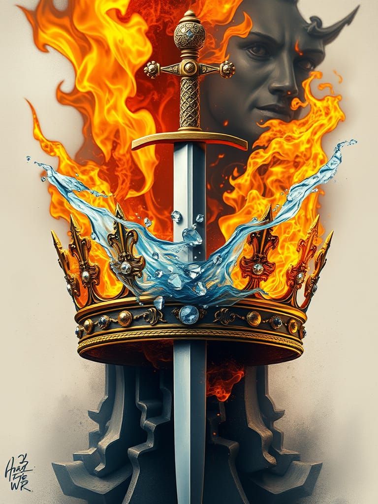 Golden Sword Pierces Fiery Crown in Majestic Fantasy Art
