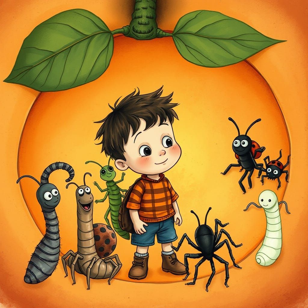 Boy's Adventure Inside Giant Peach: Whimsical Illustration