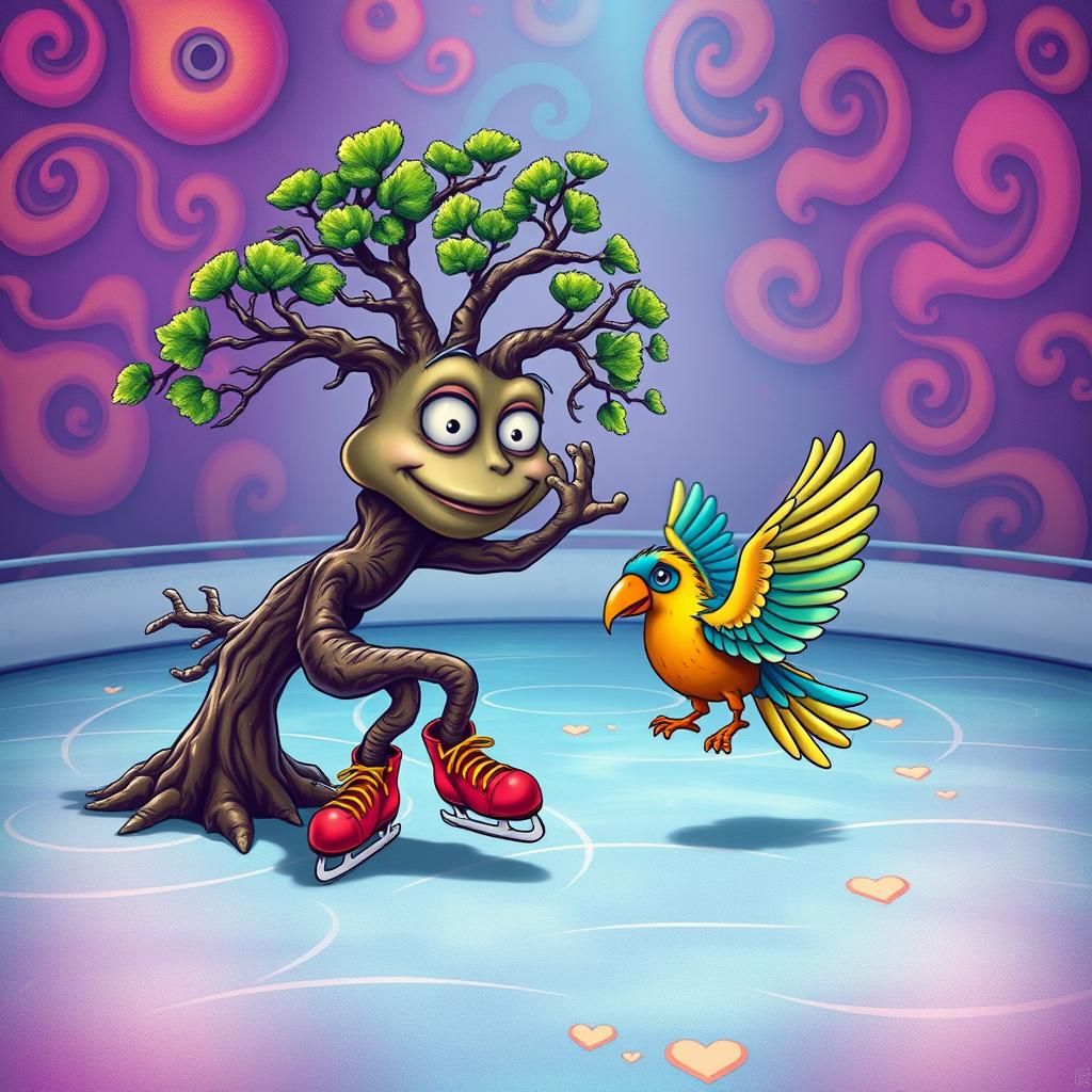 Whimsical Bonsai Tree on Ice, Psychedelic Cartoon