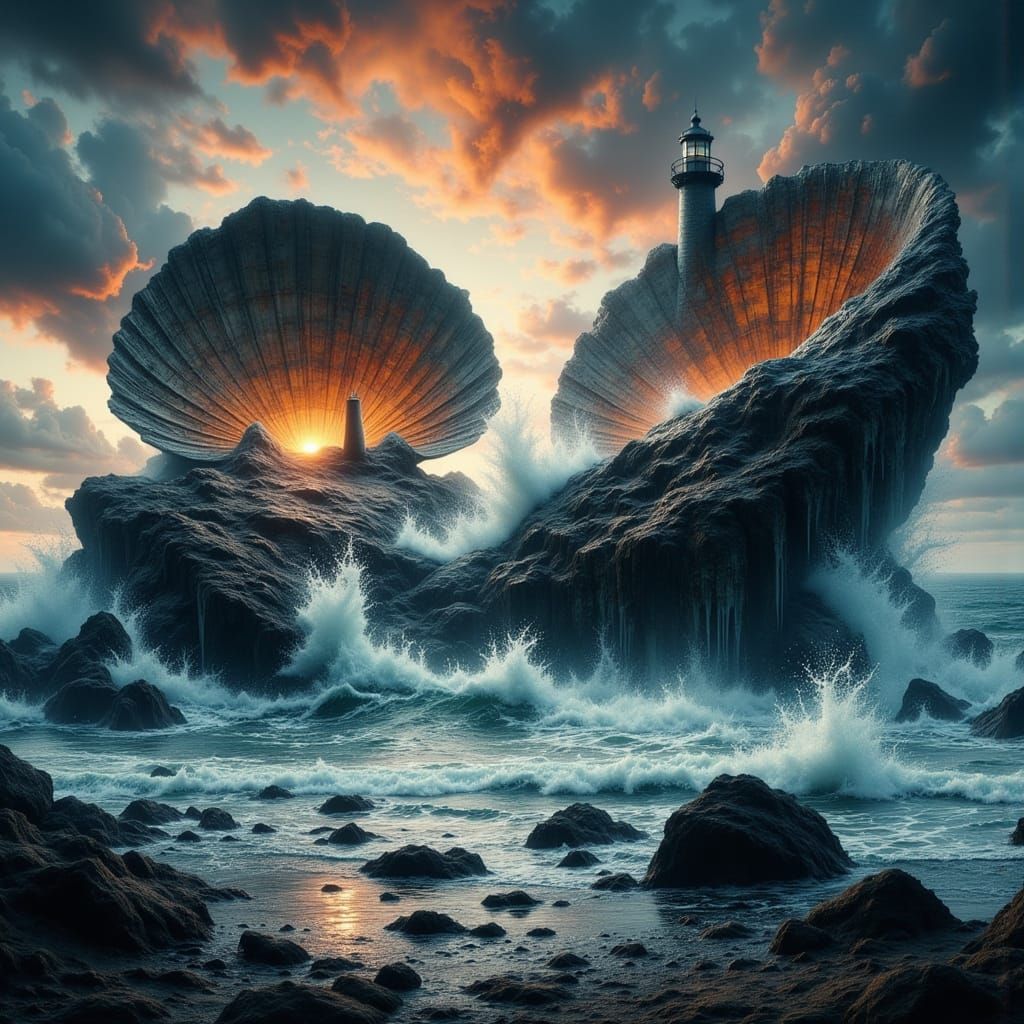 Colossal Clam Shells Guard Lighthouse Against Crashing Wave
