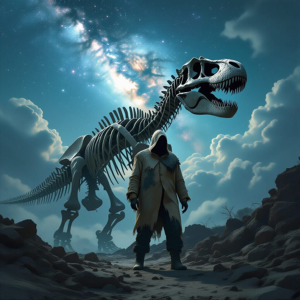 Unearthed Dinosaur Skeleton Under Galactic Glow