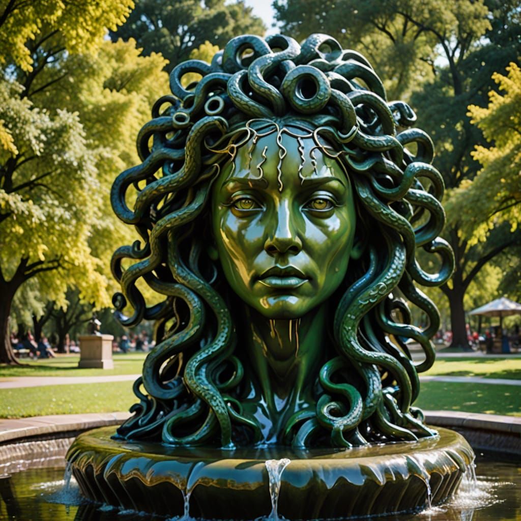 Medusa Water Fountain Sculpture in a Park