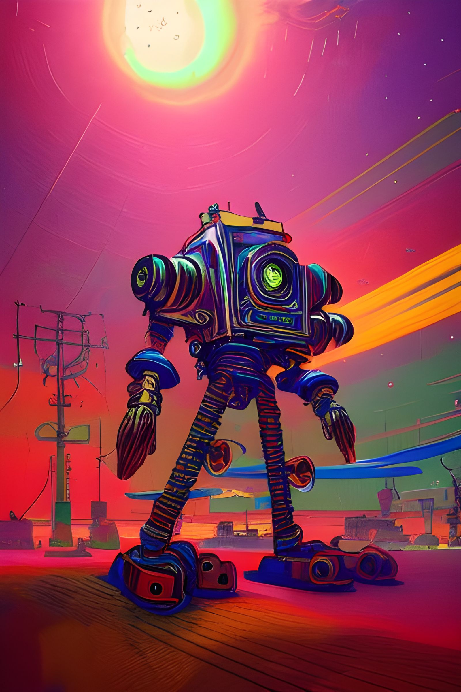 Psychedelic Steampunk Mech Fight, Digital Illustration