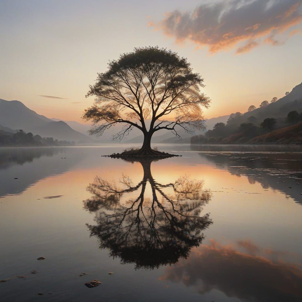 Serene Sunset Landscape with Majestic Tree Silhouette