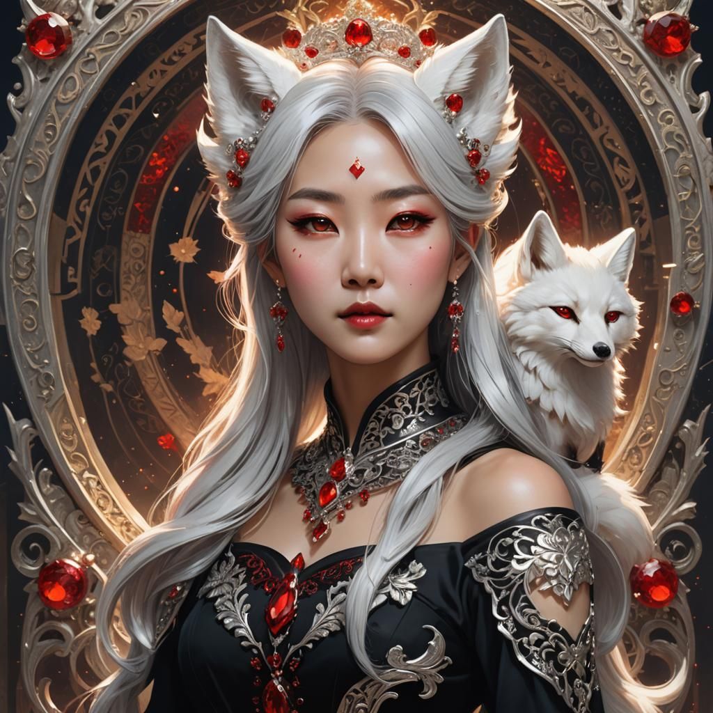 Korean Lady with Fox Ears in Dark Fantasy Style