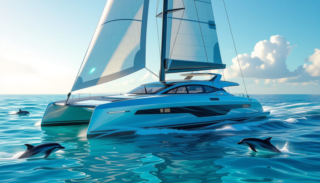 Futuristic Solar Yacht with Holographic Sails, Hyperrealisti...