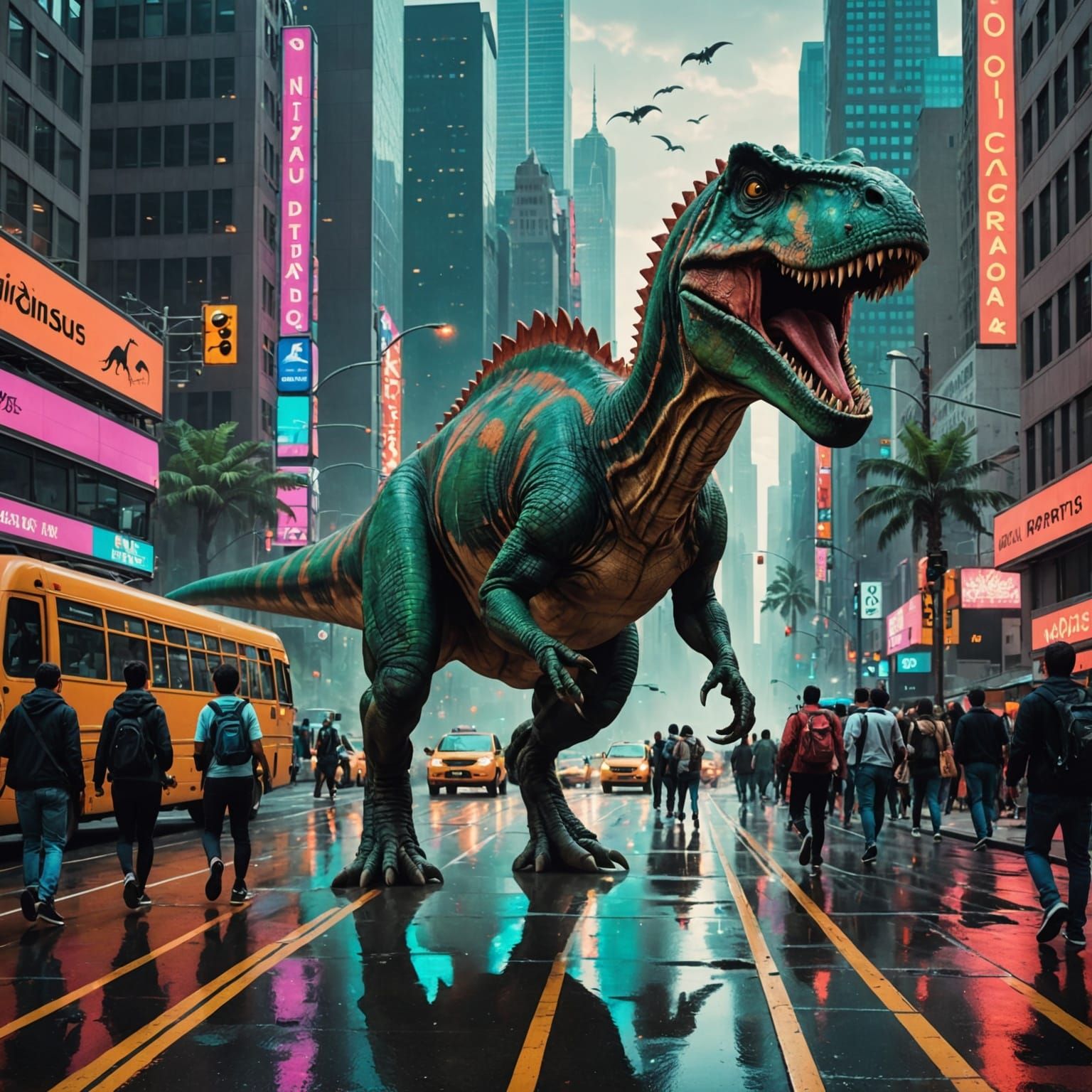 Dinosaurs Roaming a Modern City in Dark Fantasy Style