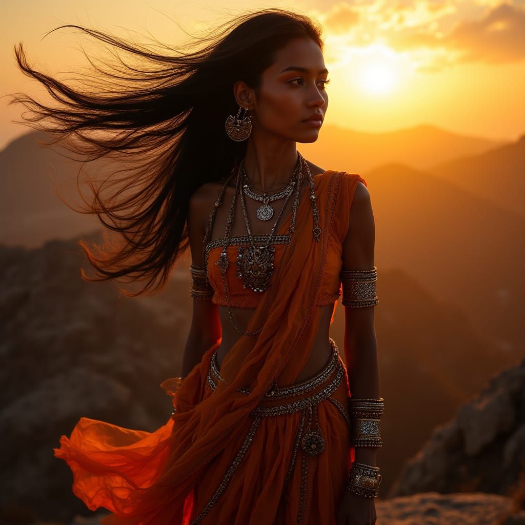 Defiant Woman in Traditional Attire on Mountain of Gold