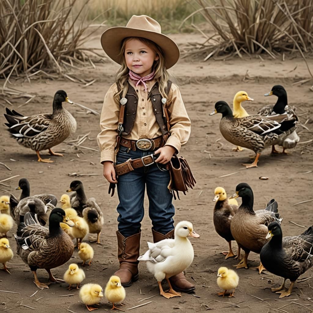 Cowgirl with Ducks and Chicks