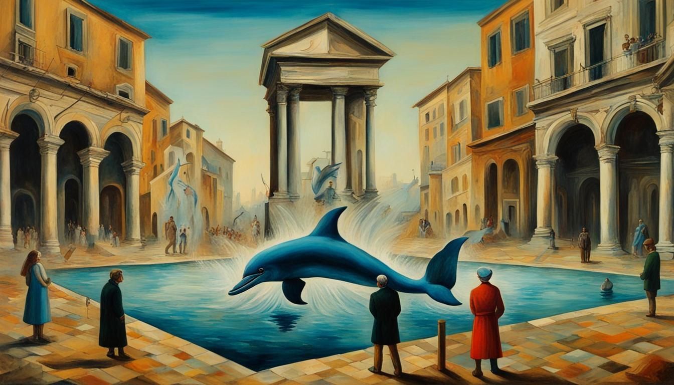 Surreal Dolphin Encounter at Poseidon Fountain, Oil Painting