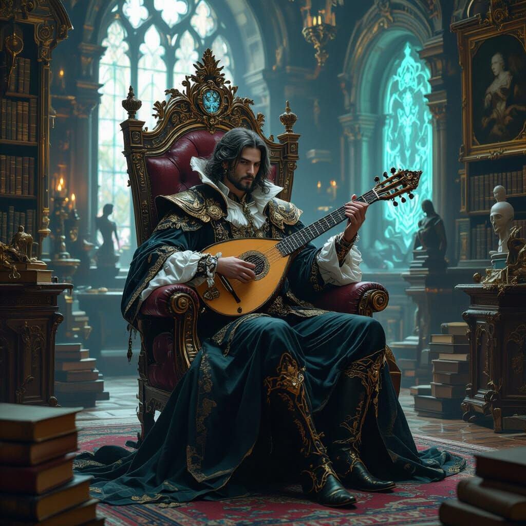 Futuristic Minstrel in Opulent Gothic Setting