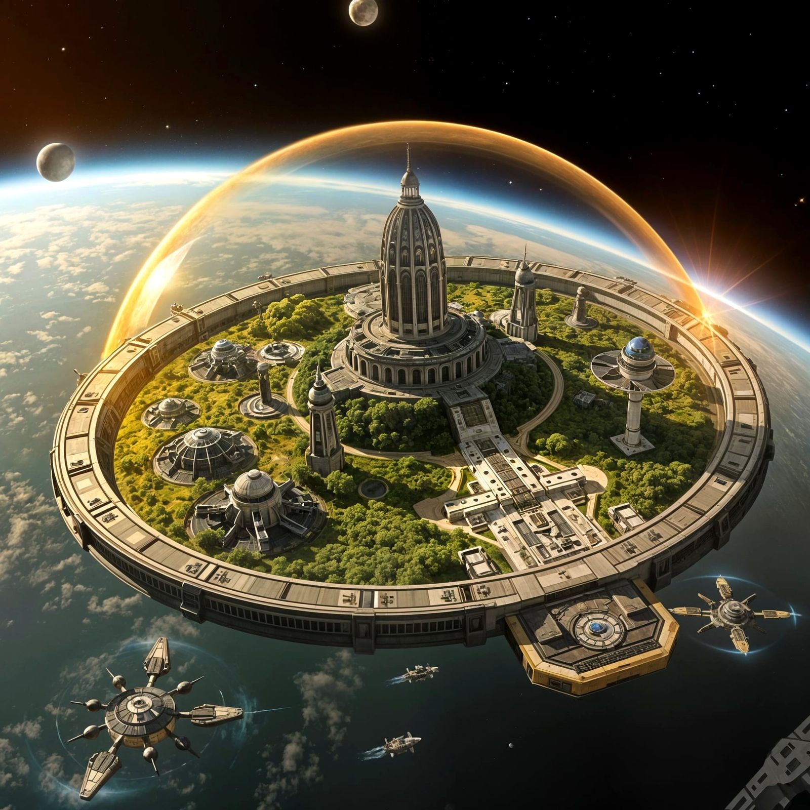 Space Station Metropolis with Lush Green Oasis