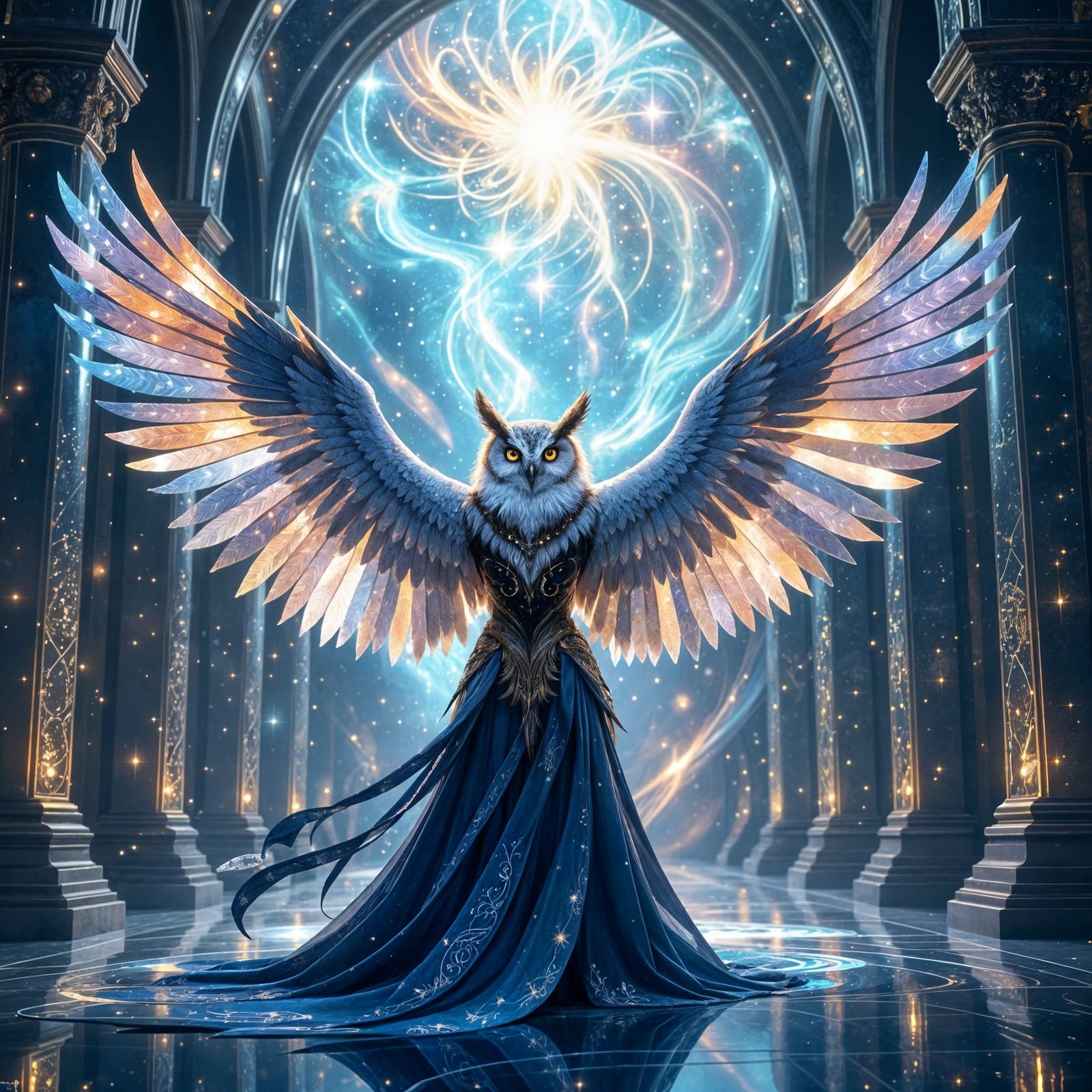 Cosmic Weaver: Anthropomorphic Owl-Human Hybrid Portrait