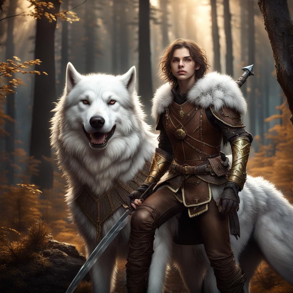 Fantasy Ranger and Dire Wolf in Enchanted Woods