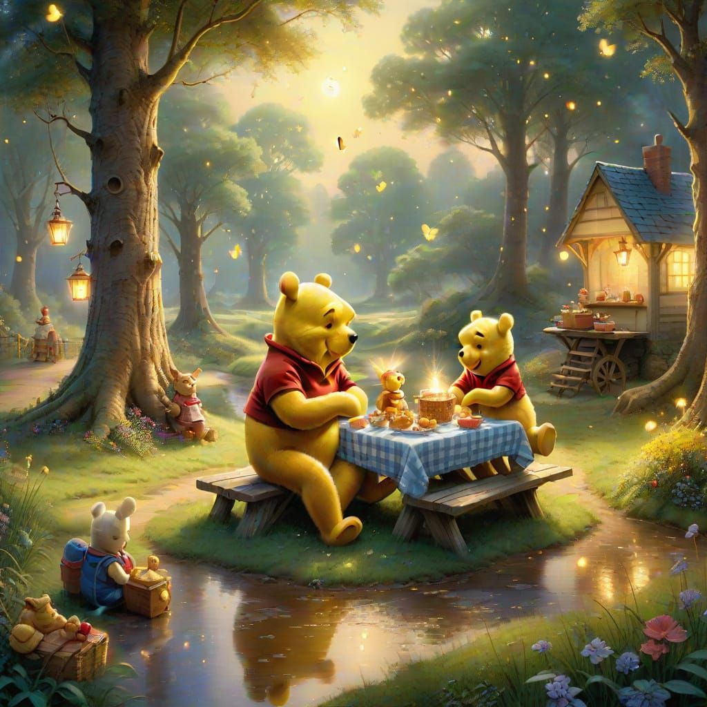 Enchanted Picnic with Winnie the Pooh in Kinkade Style