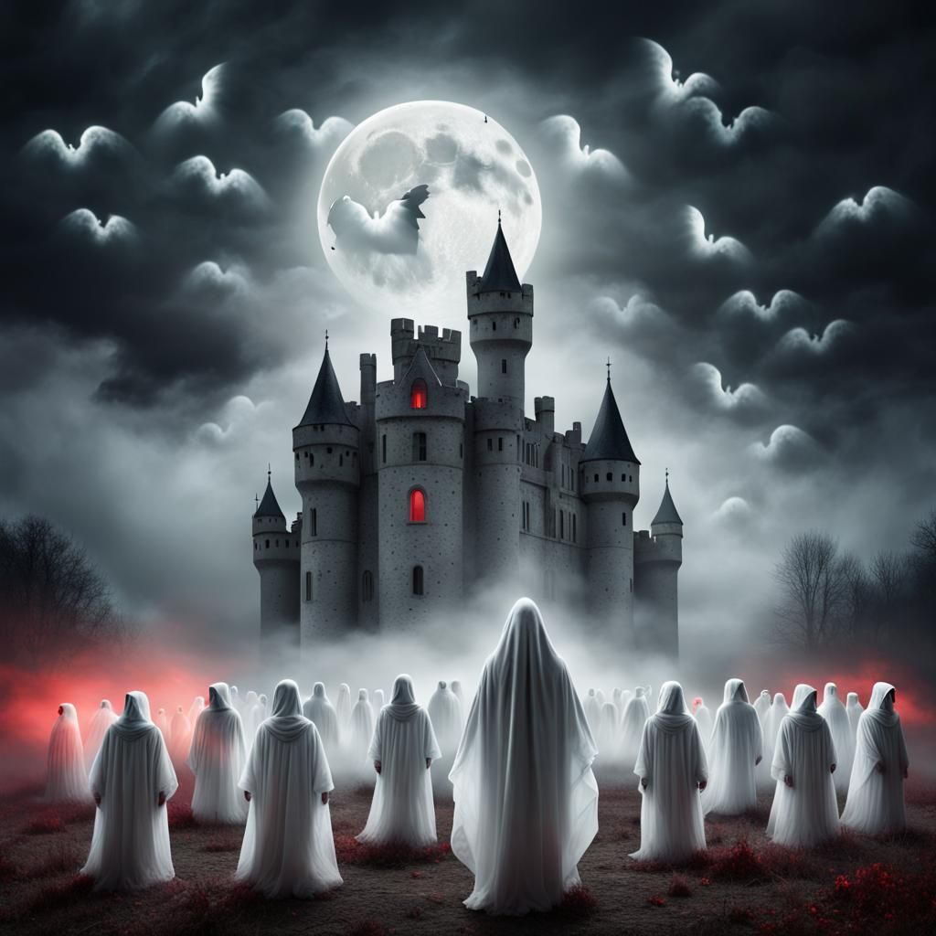 An eerie and chilling sight showcssing an abandoned old haunted castle being surrounded by ghosts