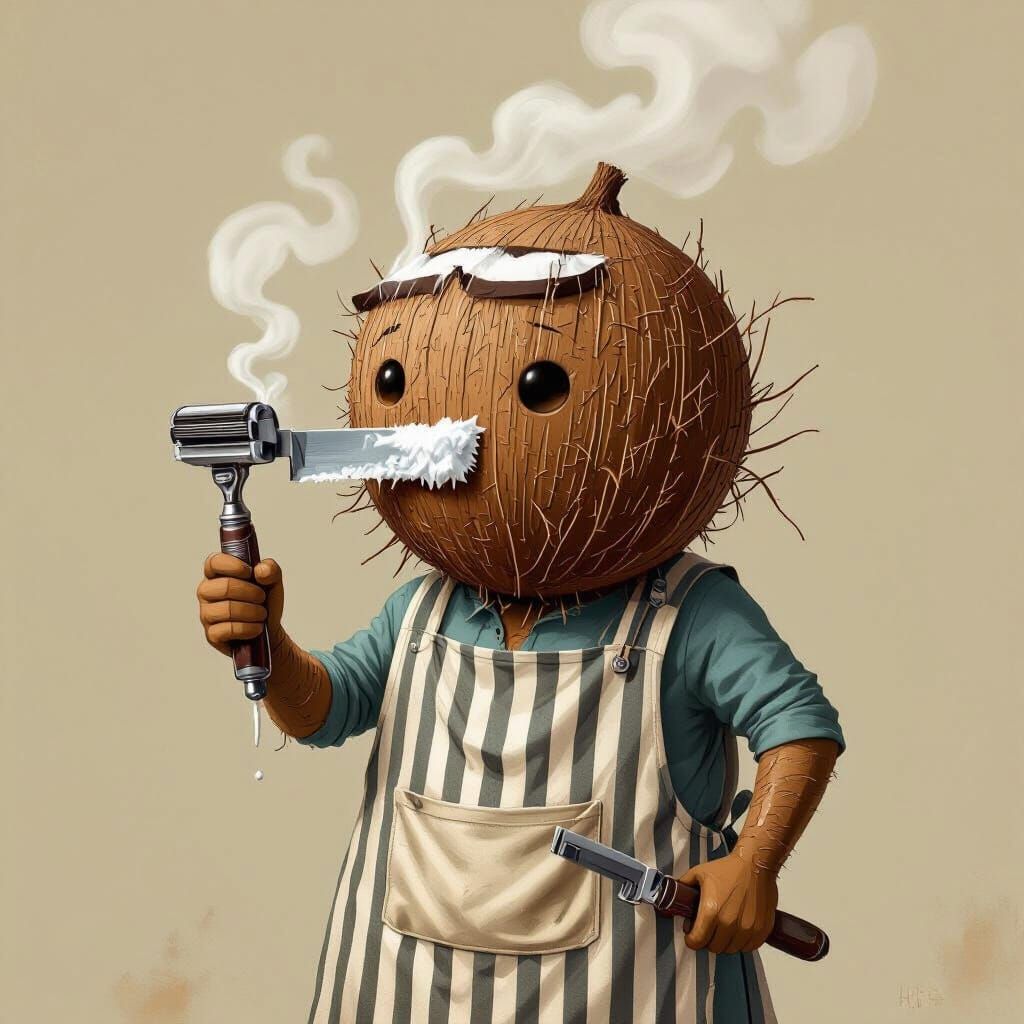 Coconut Barber Shaves Himself: A Whimsical Art Piece