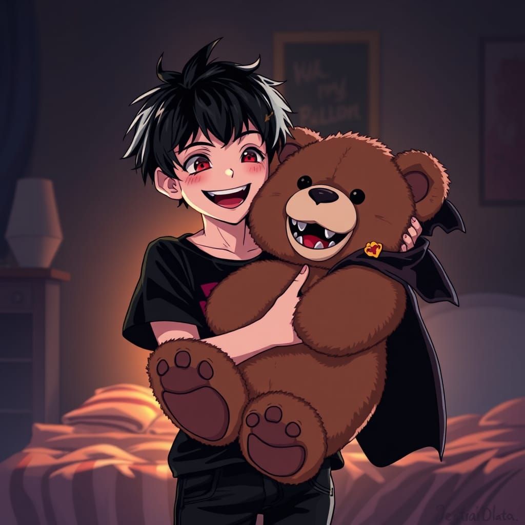 Youthful Vampire Cradling Fanged Teddy Bear in Anime Style