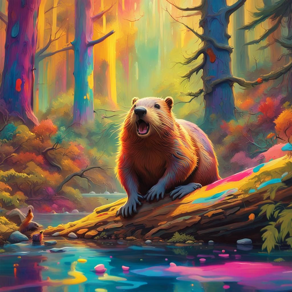 Surreal Beavers in Mystical Forest with Colorful Paints