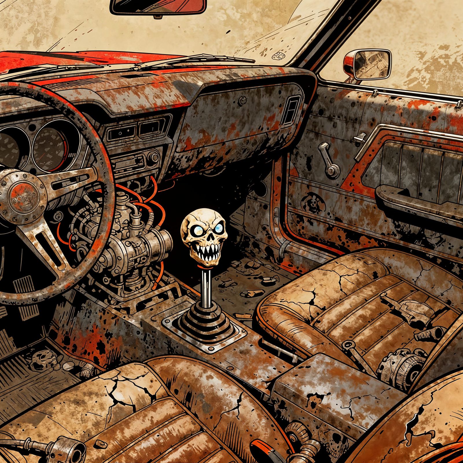 Angry Skull Gear Shift in Rusty Muscle Car Interior