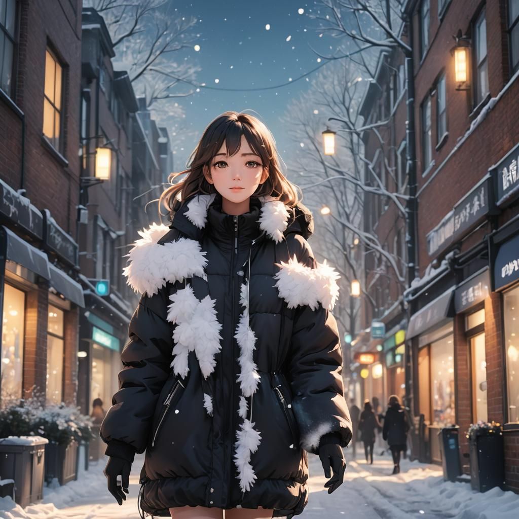 Anime Girl in Black Puffy Coat on Winter Street