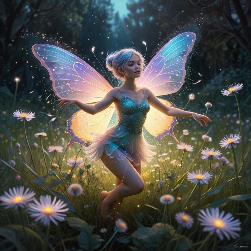 Pixie on Butterfly with Bioluminescent Dust Trail