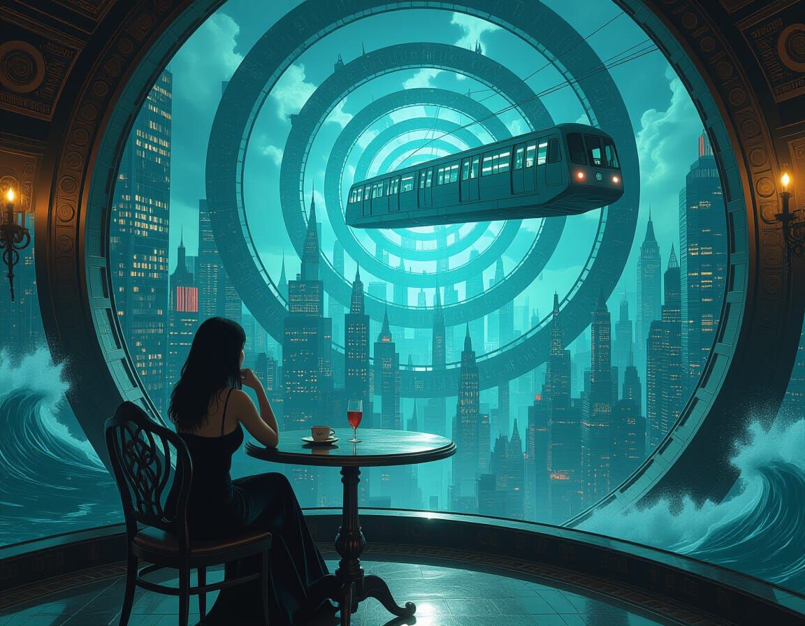 Surreal Urbanpunk Cityscape with Subway in Sky