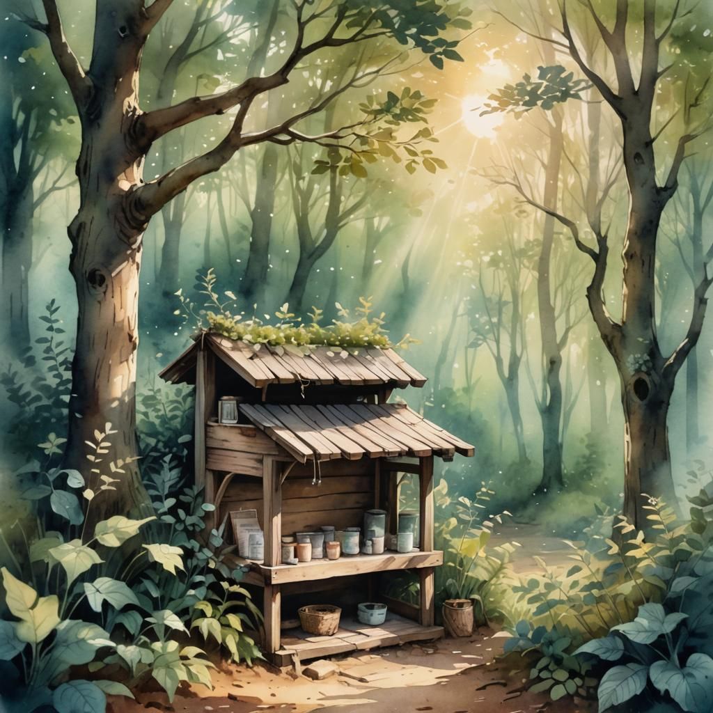 Mystical Forest Stall in Dreamy Watercolor Illustration