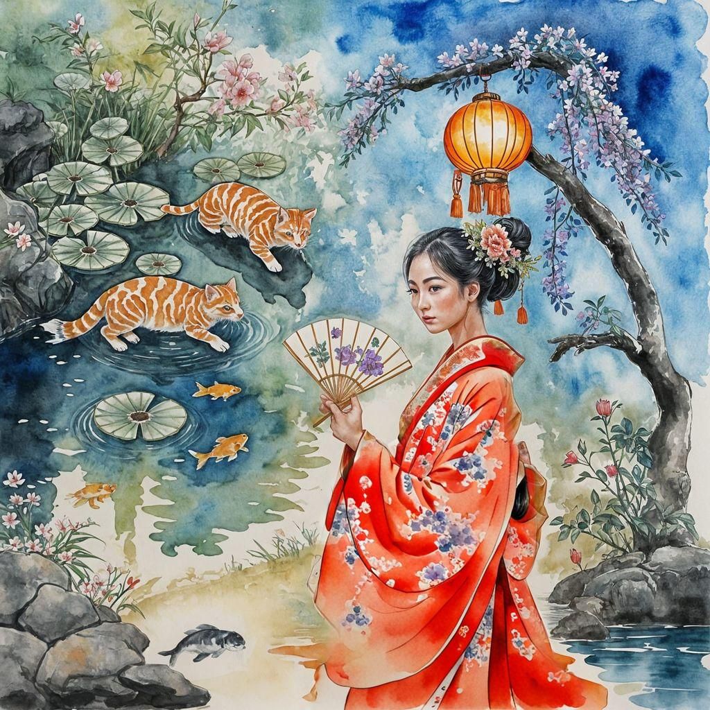 Dawn in Tranquil Chinese Garden: Watercolor Painting
