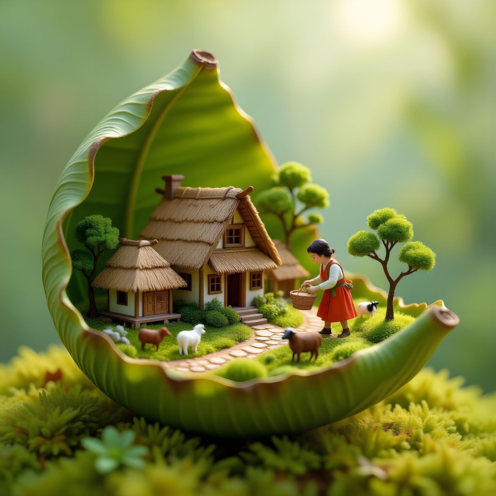 Miniature Village Inside a Banana Leaf