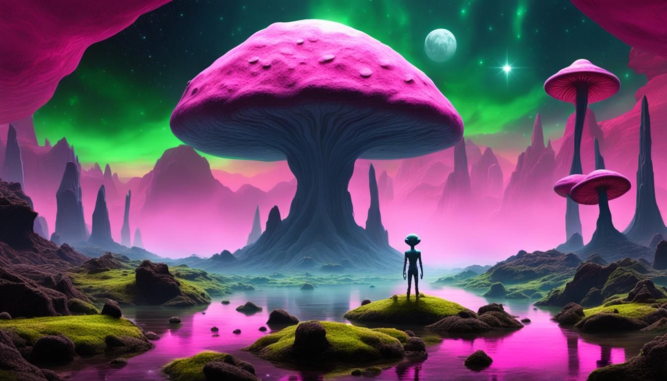 Gray Alien on Strange Planet with Bioluminescent Mushrooms