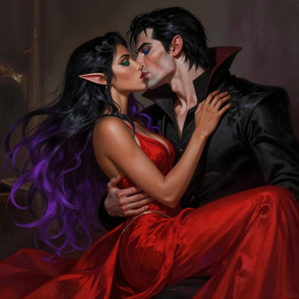 Elf and Vampire Share Passionate Kiss in Fantasy Art