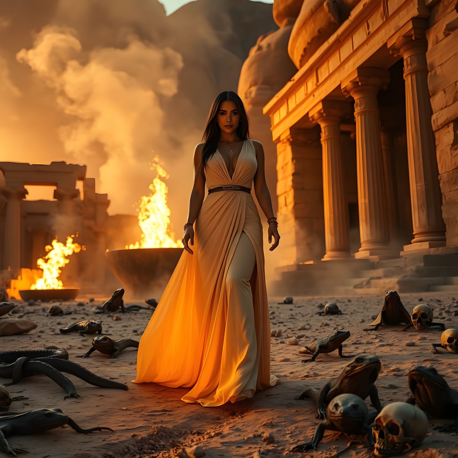 Sumerian Priestess in Temple Ruins Amidst Red Sand Dunes