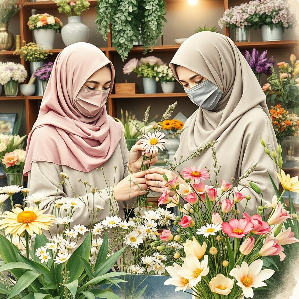 Ikebana Florists in Digital Watercolor Style