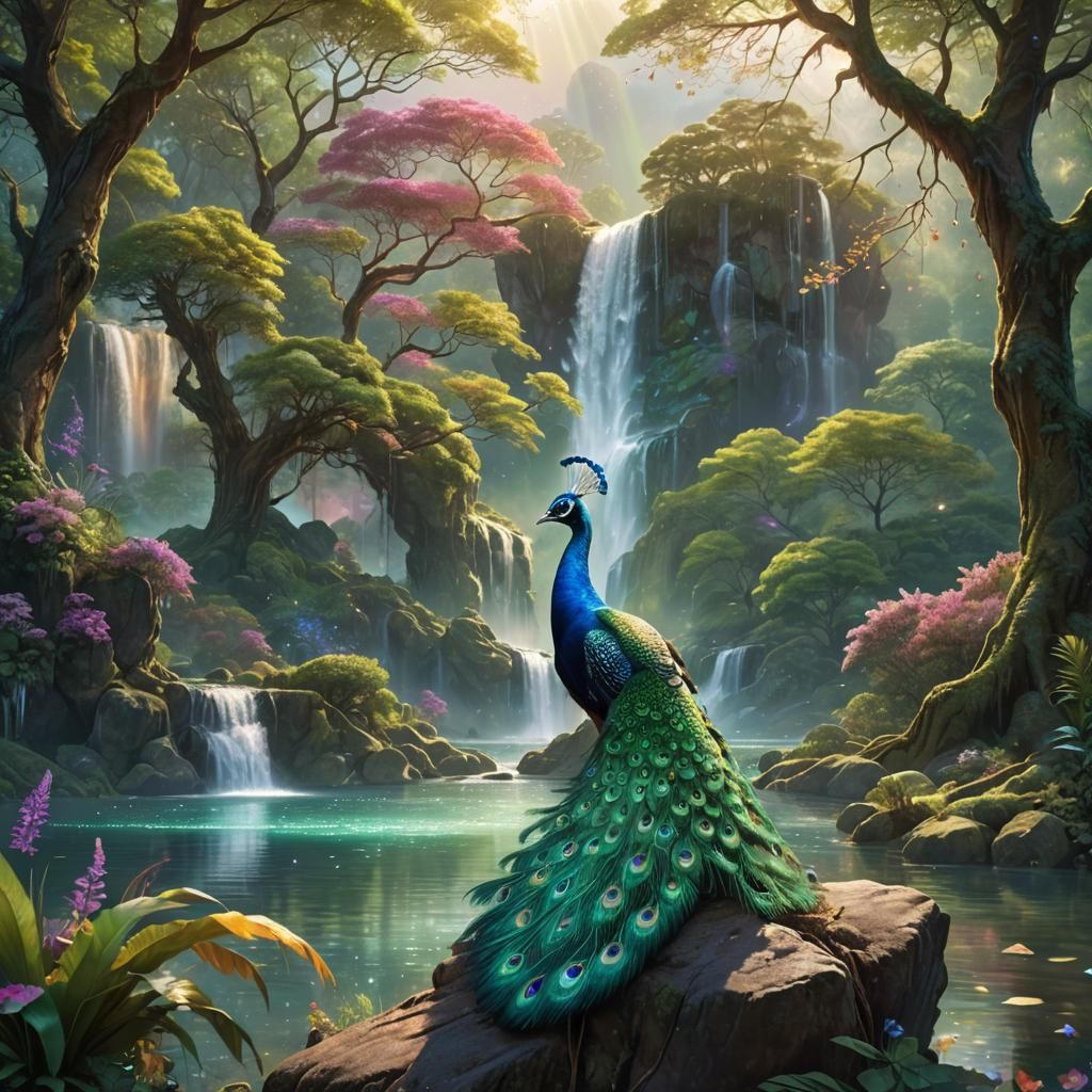 Peacock in Fantasy Landscape Digital Art