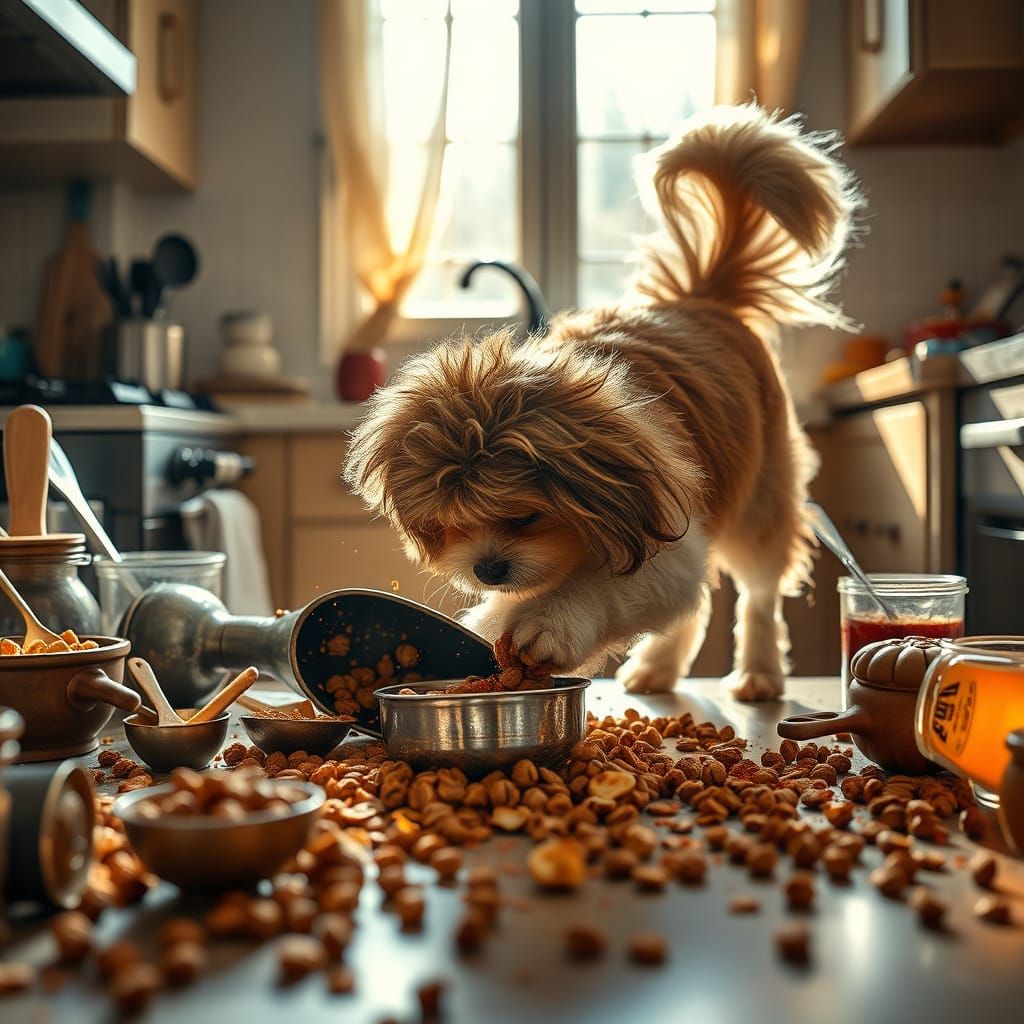 Fluffy Dog in Kitchen Chaos, Hyperrealistic HDR