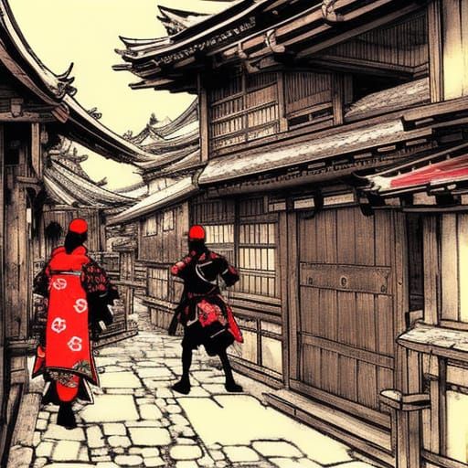 Medieval Japanese Village in Black and Red