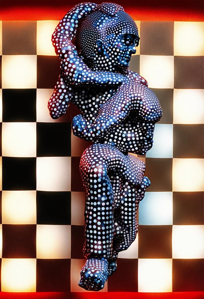 Psychedelic Angel Statuette with Checkered Chessboard