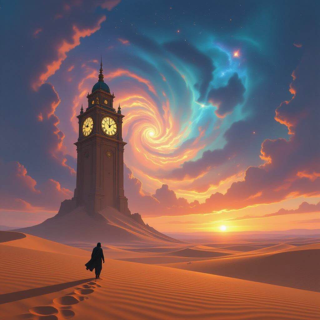 Lone Traveler in Desert Under Cosmic Nebulae Sky