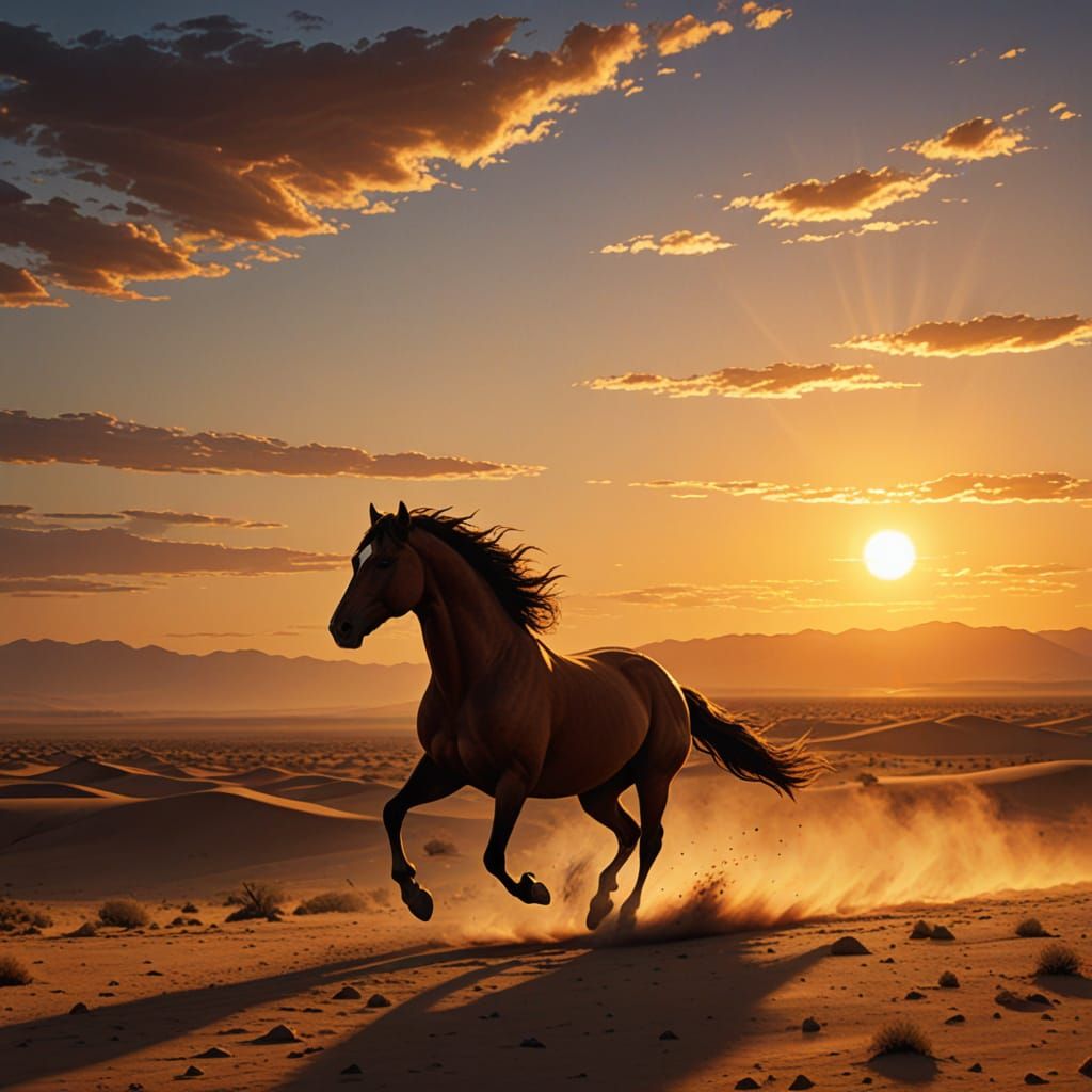 Golden Horse Silhouetted Against Sunset Desert Sky