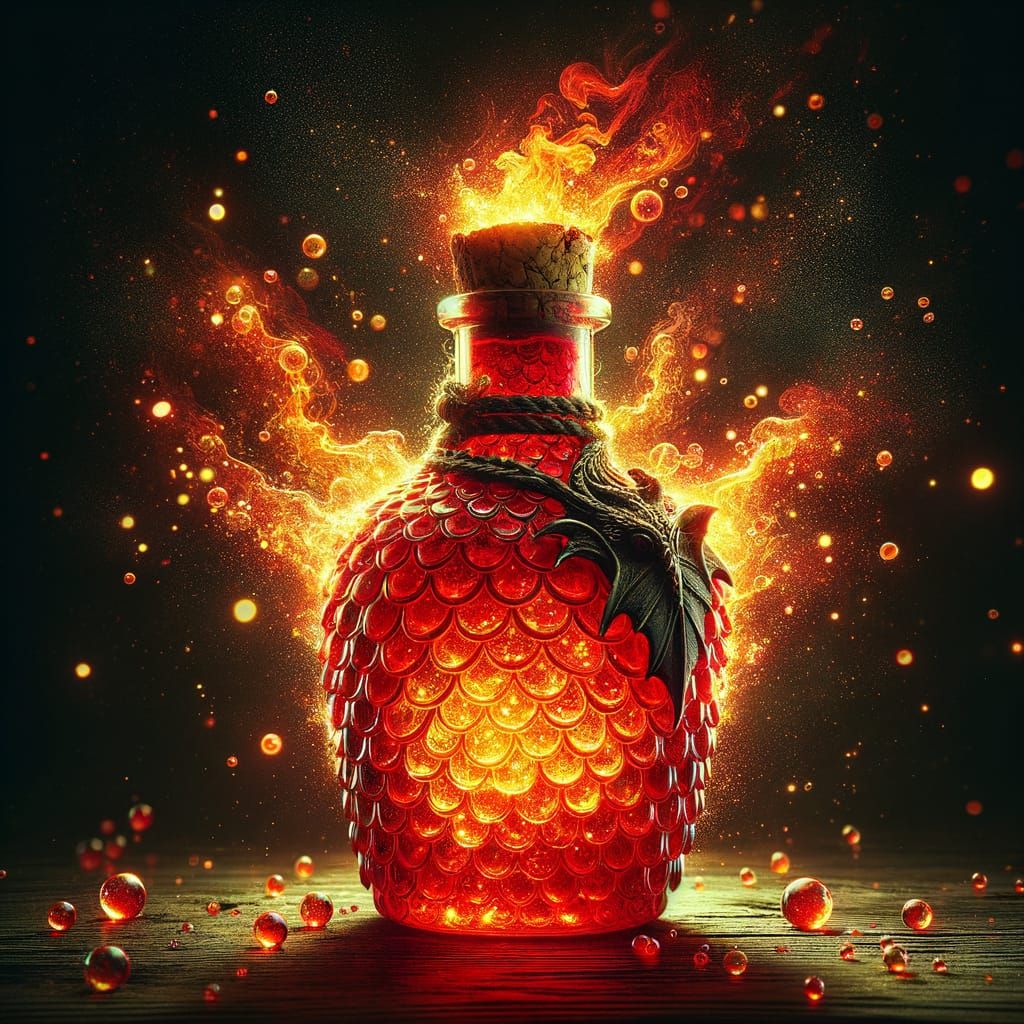 Fiery Red-Gold Potion in Dragon-Scale Bottle with Cinematic ...