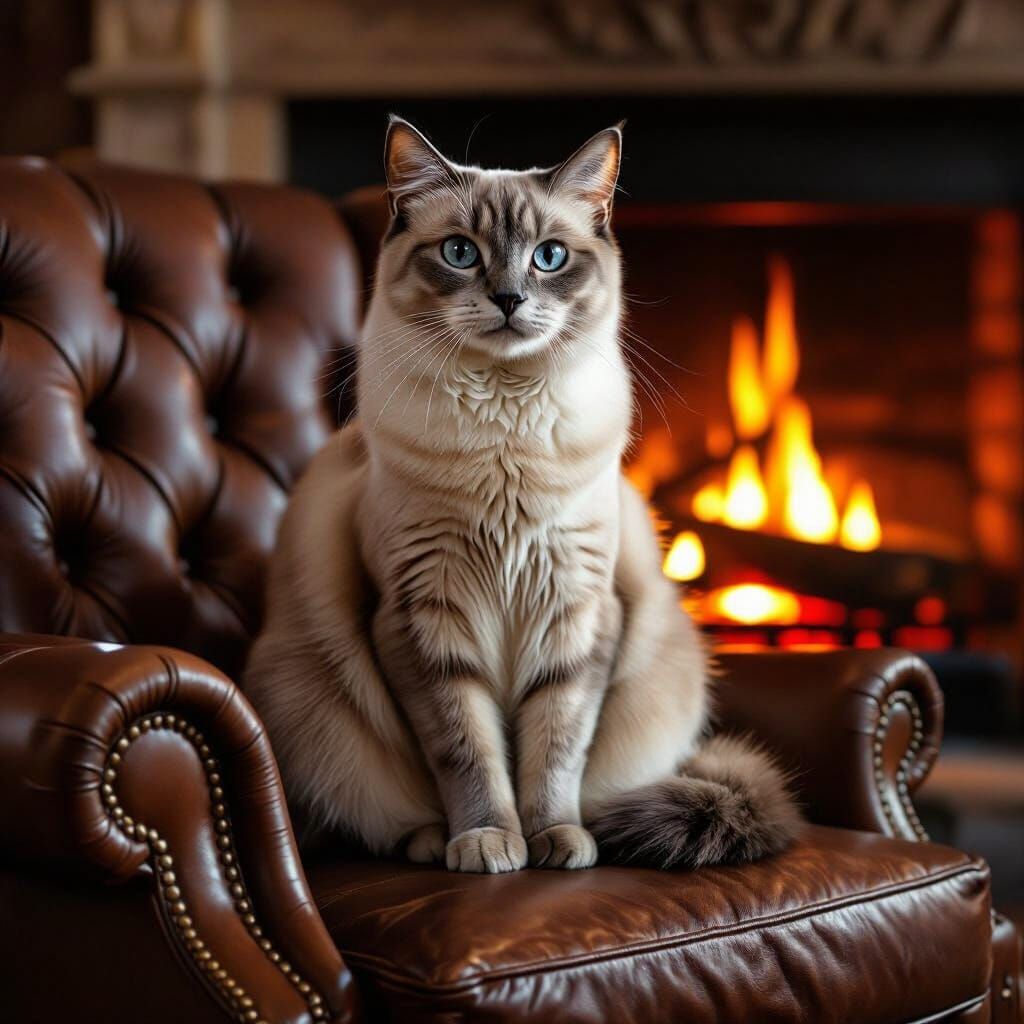 Majestic Siamese Cat on Leather Chair by Fireplace