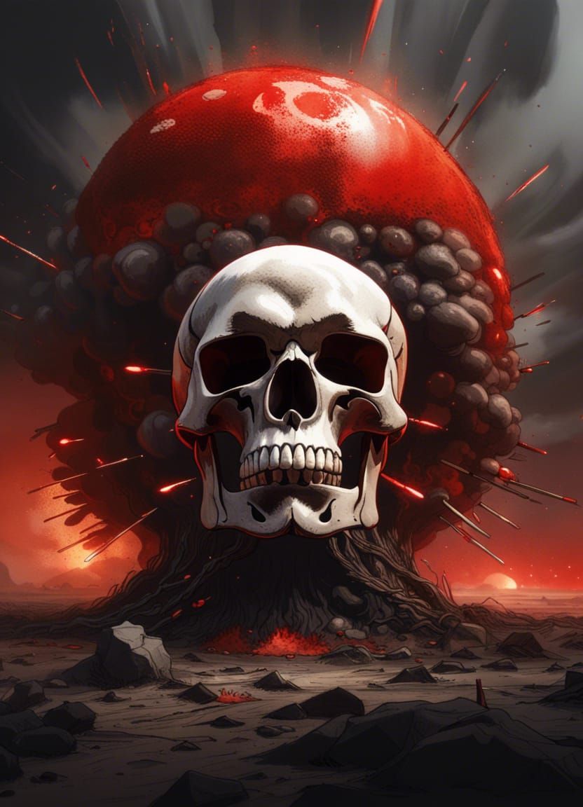 Skull Above Atomic Explosion in Dark Fantasy Style
