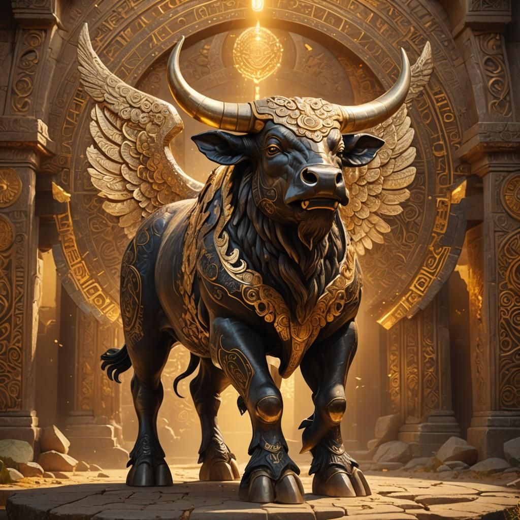 Winged Stone Bull with Golden Light, Hyperdetailed Textures