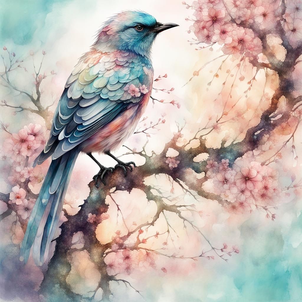 Blossom Bird: Digital Watercolor Double Exposure