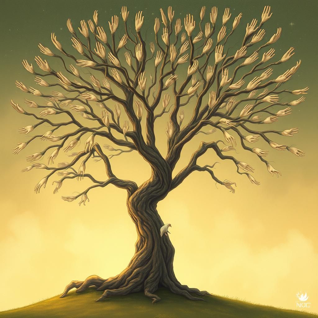 Fantastical Tree with Hand-Leaves in Golden Light